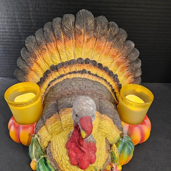 Large Resin Thanksgiving Colorful Turkey Centerpiece With 2 Candle Holders 2 LED - Picture 5 of 12